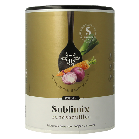 Sublimix glutenvrije rundvleesbouillon in 550g container, showcasing the product label and packaging for soups and broths.