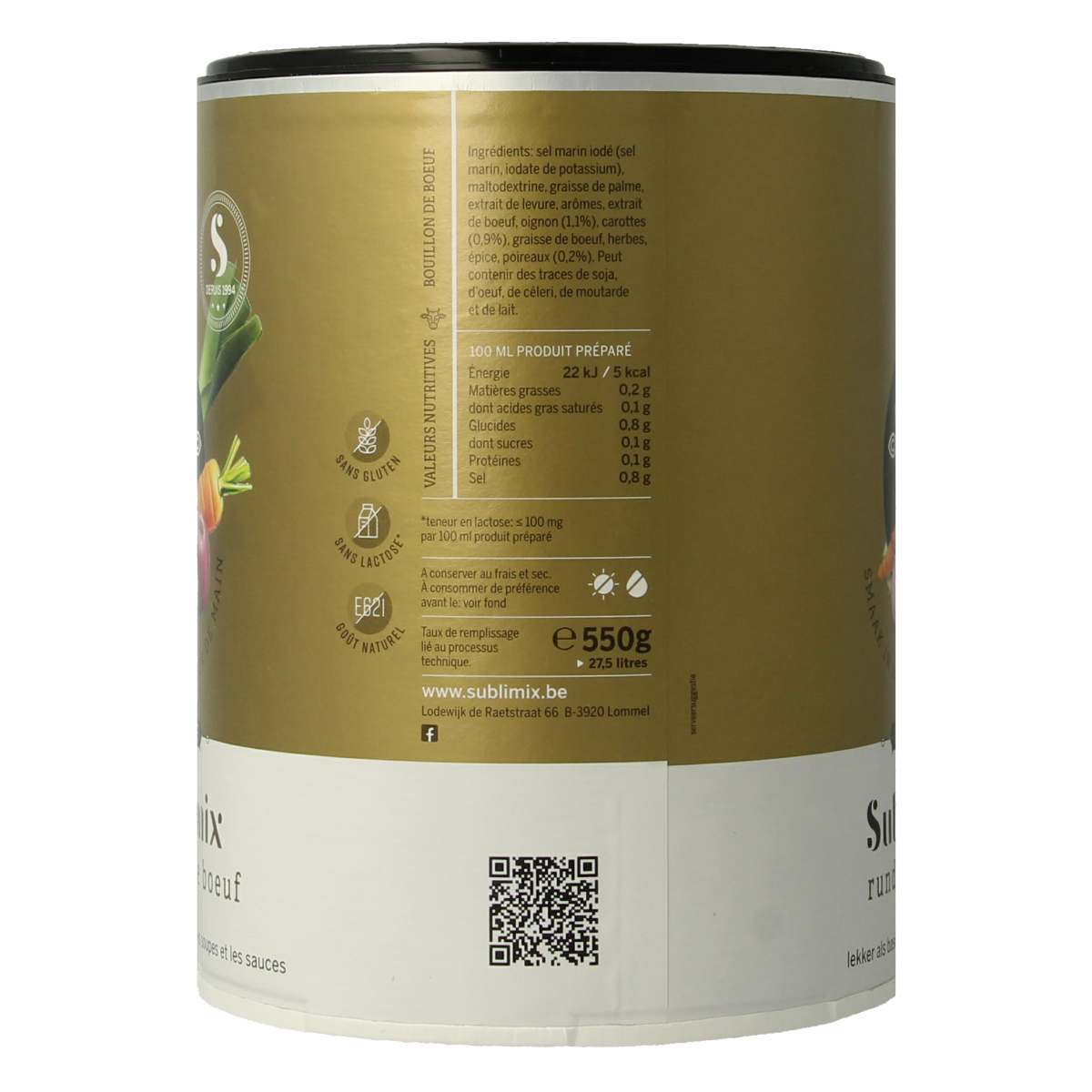 Sublimix gluten-free beef broth in a 550g package, ideal for soups and stews, with label showing product details.