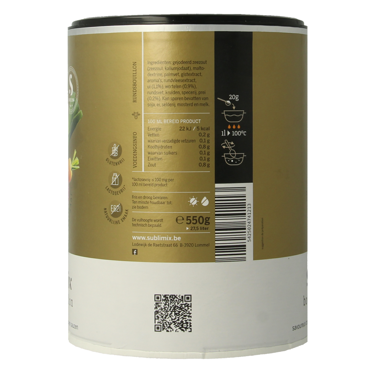 Sublimix glutenvrije rundvleesbouillon in 550g container, ideal voor soepen en bouillons, with label and packaging visible.