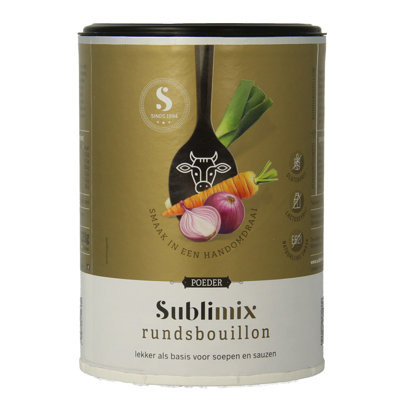 Sublimix glutenvrije rundvleesbouillon in 220g verpakking, shown in a kitchen setting with soup ingredients.