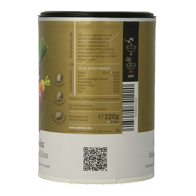 Sublimix Rundvleesbouillon glutenvrij 220g, pack of beef-flavored broth cubes for soups and cooking, gluten-free product.