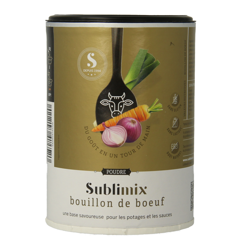 Sublimix Rundvleesbouillon glutenvrij 220g container, showing the product label with branding and ingredients for soup and broth.