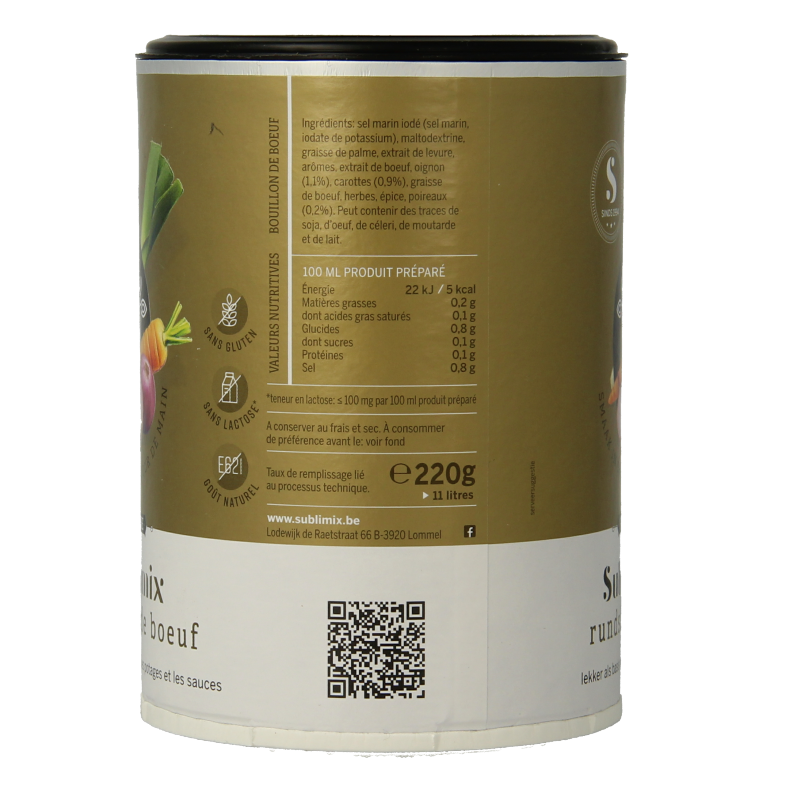 Sublimix gluten-free beef broth in a 220g pack, perfect for soups and cooking, showing the product packaging.