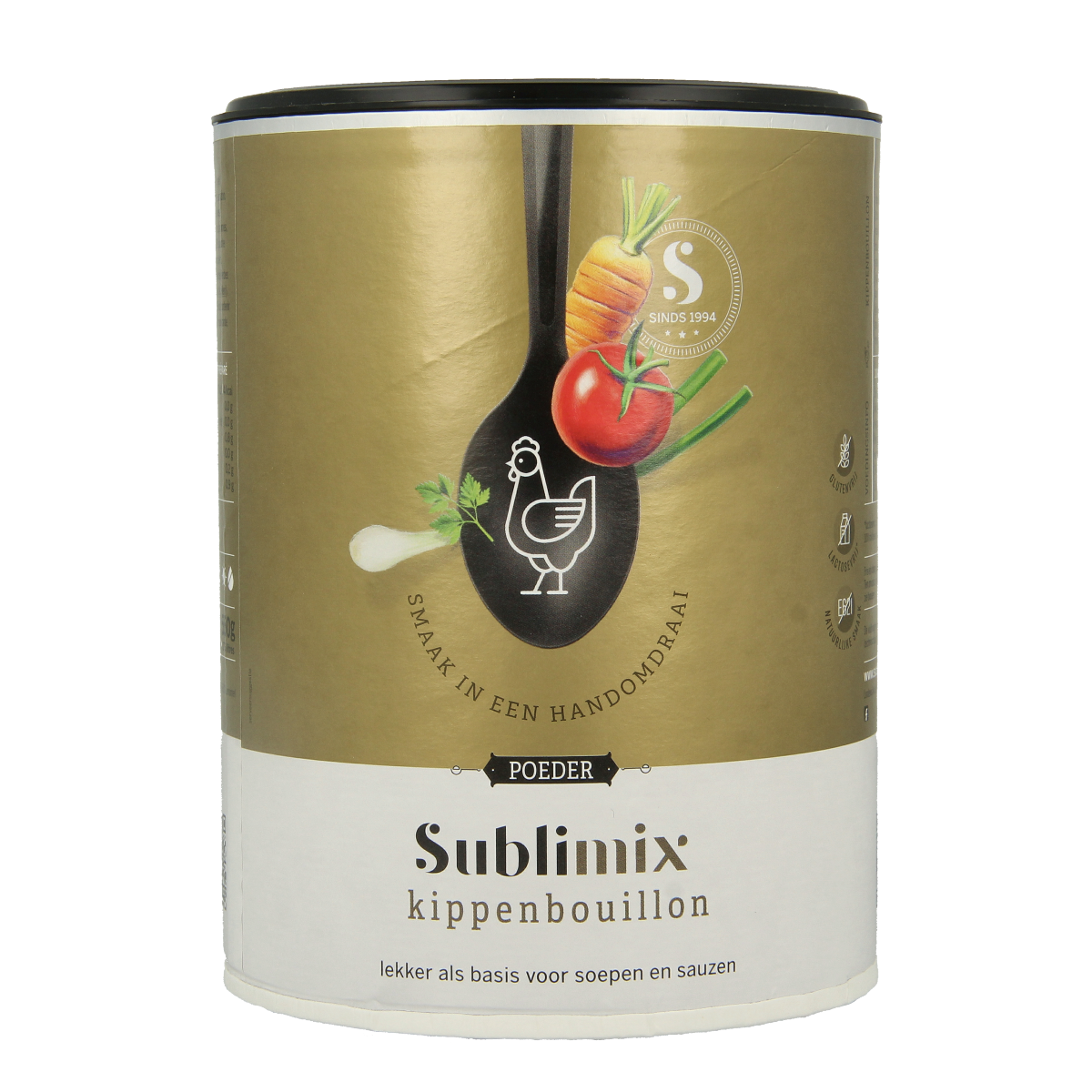 Sublimix Kippenbouillon glutenvrij 550g, gluten-free chicken broth powder in a clear plastic container with a yellow label.