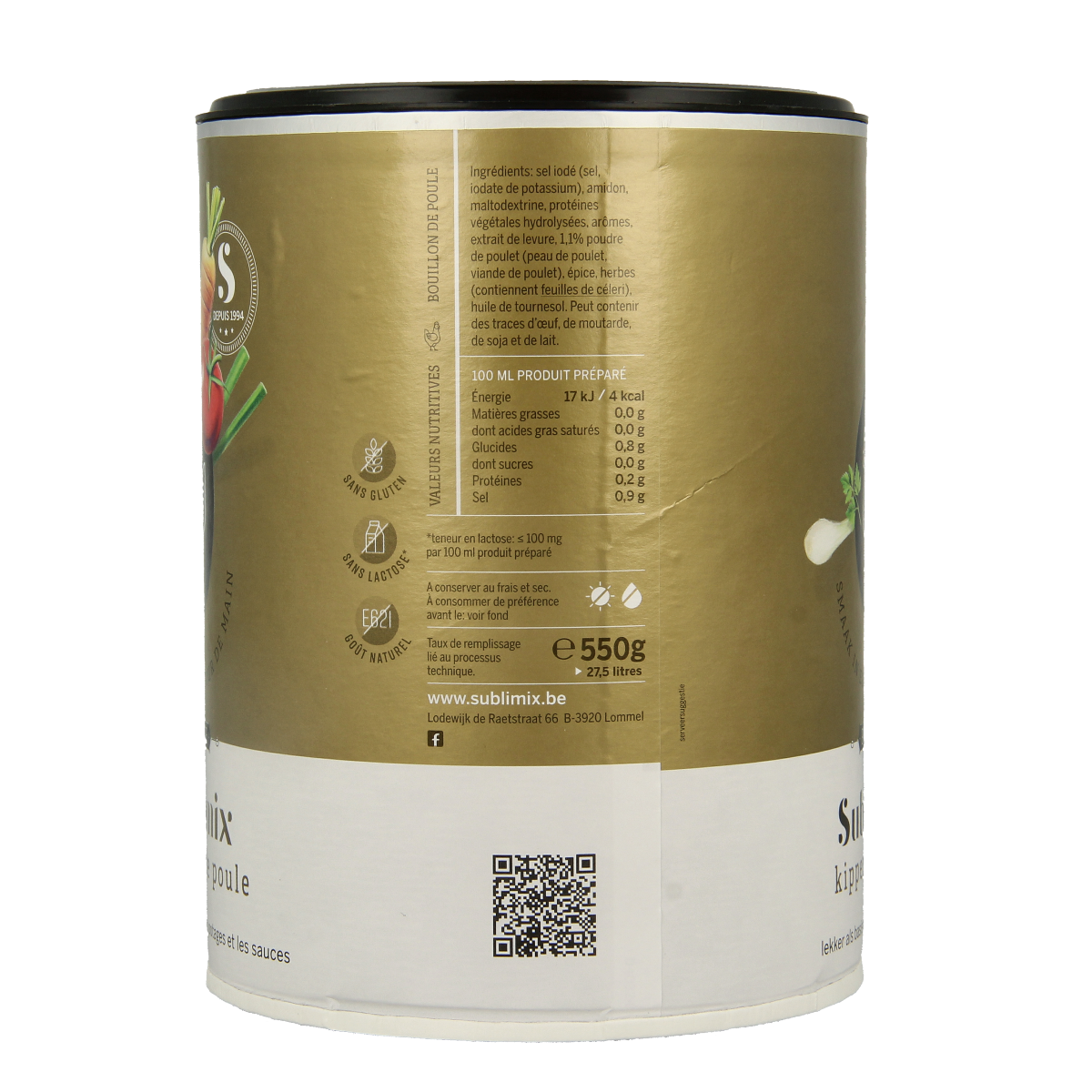 Sublimix Kippenbouillon glutenvrij, 550g, in a clear container showing the chicken-flavored broth powder.