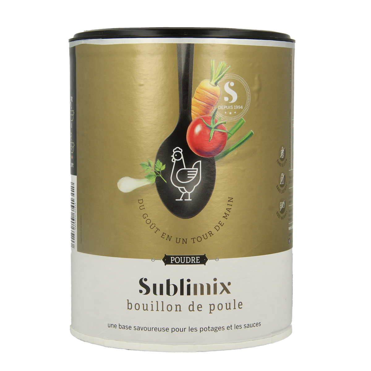 Sublimix Kippenbouillon glutenvrij 550g, gluten-free chicken broth in a clear container, ideal for soups and cooking.