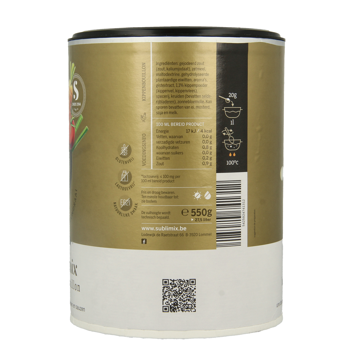Sublimix Kippenbouillon glutenvrij 550g, gluten-free chicken broth in a clear package, for soups and cooking.