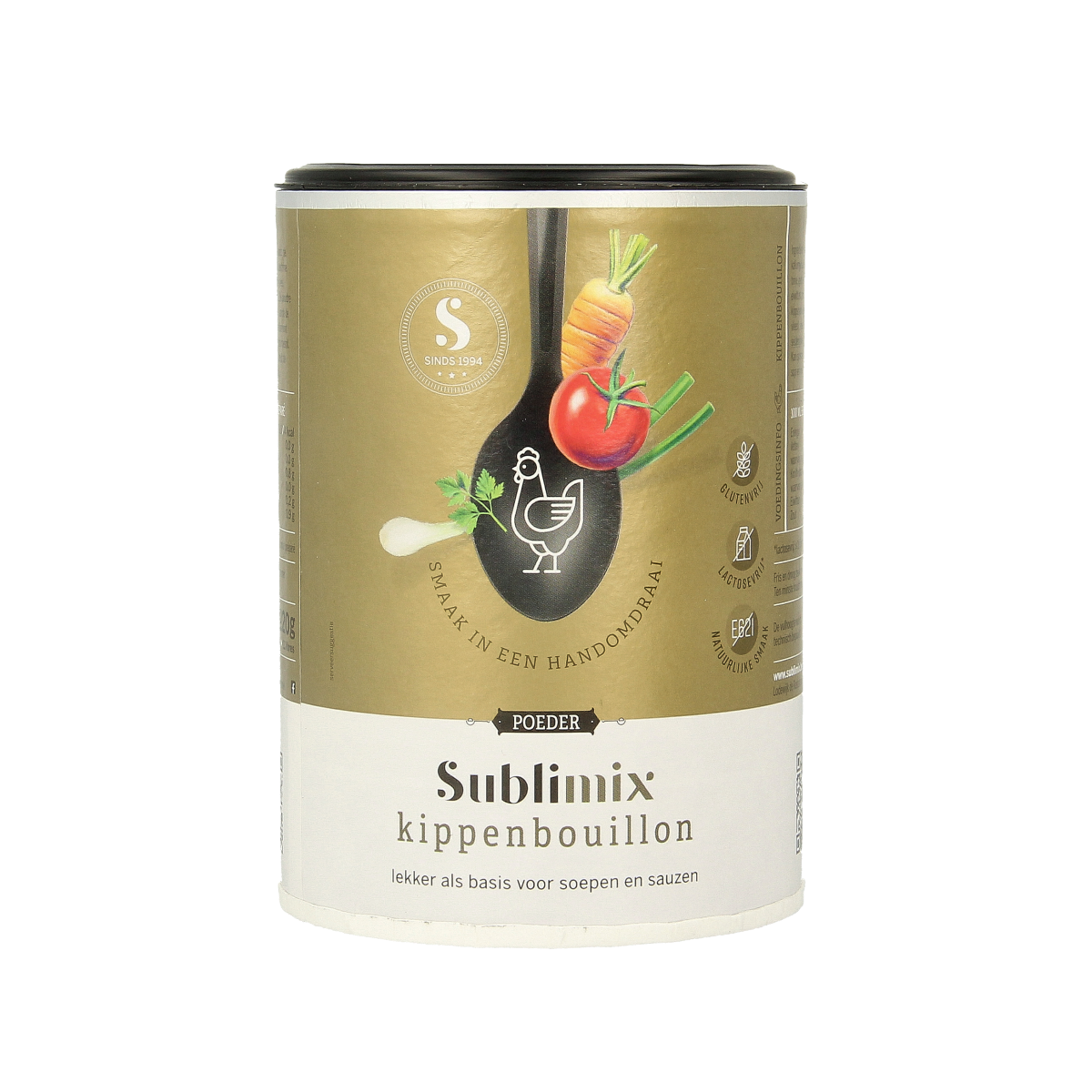 Sublimix Kippenbouillon glutenvrij 220g, gluten-free chicken broth in a clear container, for soups and cooking.