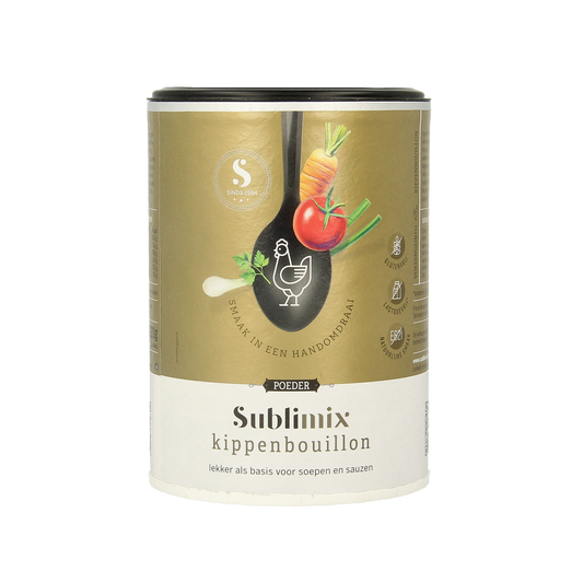 Sublimix Kippenbouillon glutenvrij 220g, gluten-free chicken broth in a clear container, for soups and cooking.
