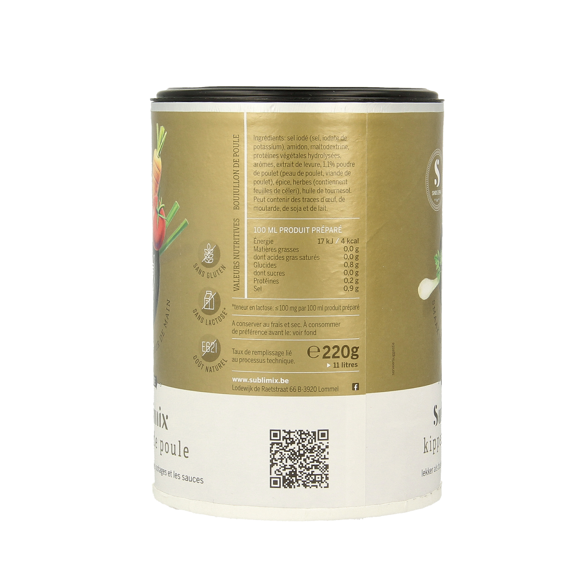 Sublimix Kippenbouillon glutenvrij in 220g package, gluten-free chicken bouillon powder for soups and cooking.