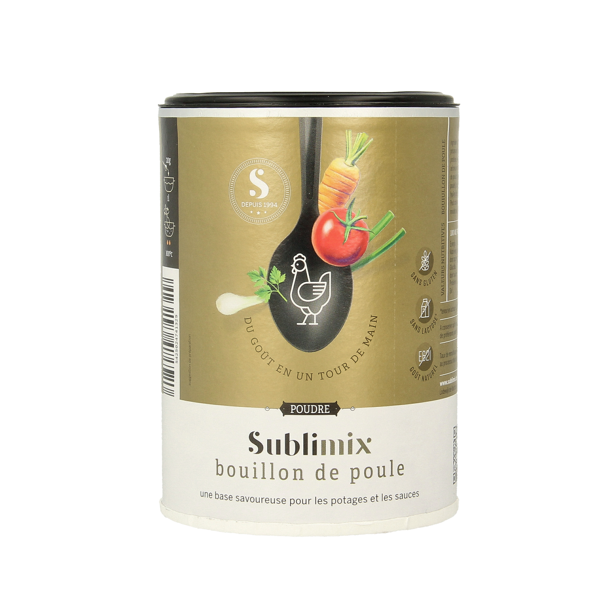 Sublimix Kippenbouillon glutenvrij in 220g container, gluten-free chicken broth for soups and cooking.