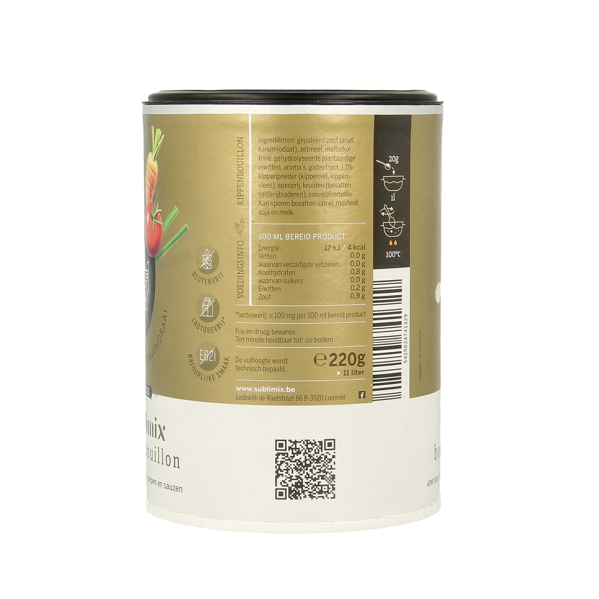 Sublimix Kippenbouillon glutenvrij 220g, gluten-free chicken broth in a glass jar with a label showing ingredients and brand.
