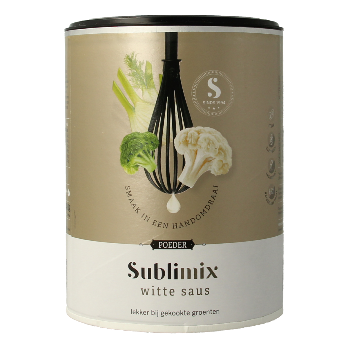 Sublimix Witte saus glutenvrij, 480g, in a white sauce bottle, part of Sauzen en Smaakmakers product line.