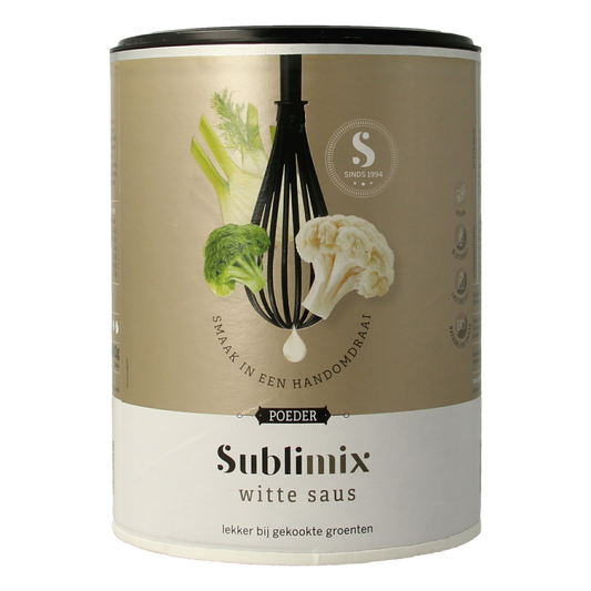 Sublimix Witte saus glutenvrij, 480g, in a white sauce bottle, part of Sauzen en Smaakmakers product line.
