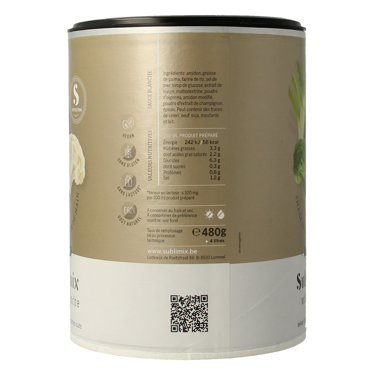 Gluten-free Sublimix Witte saus in a 480g container, ideal for sauces and flavoring in cooking.