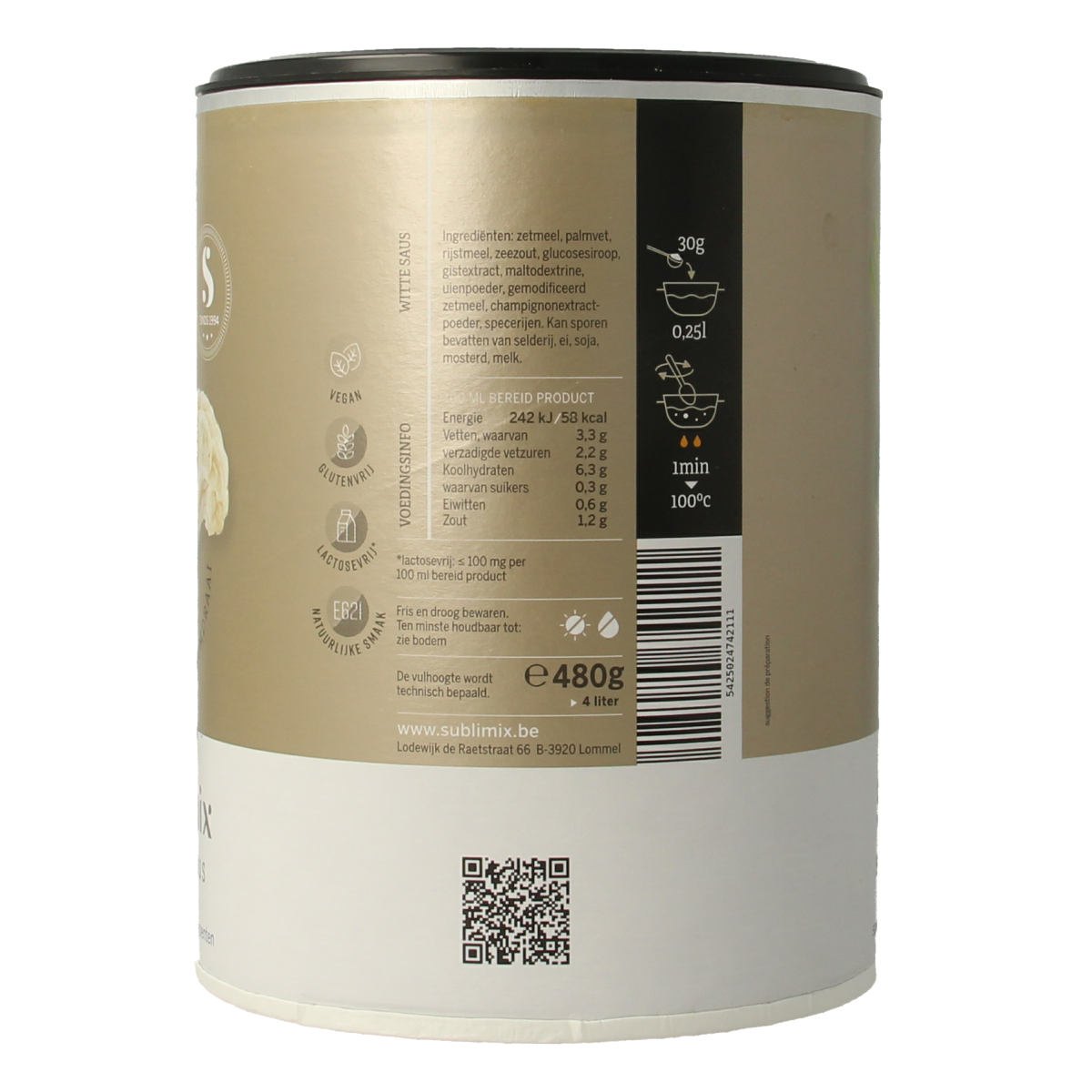 Sublimix Witte saus glutenvrij in 480g bottle, creamy gluten-free sauce for cooking and flavoring dishes.