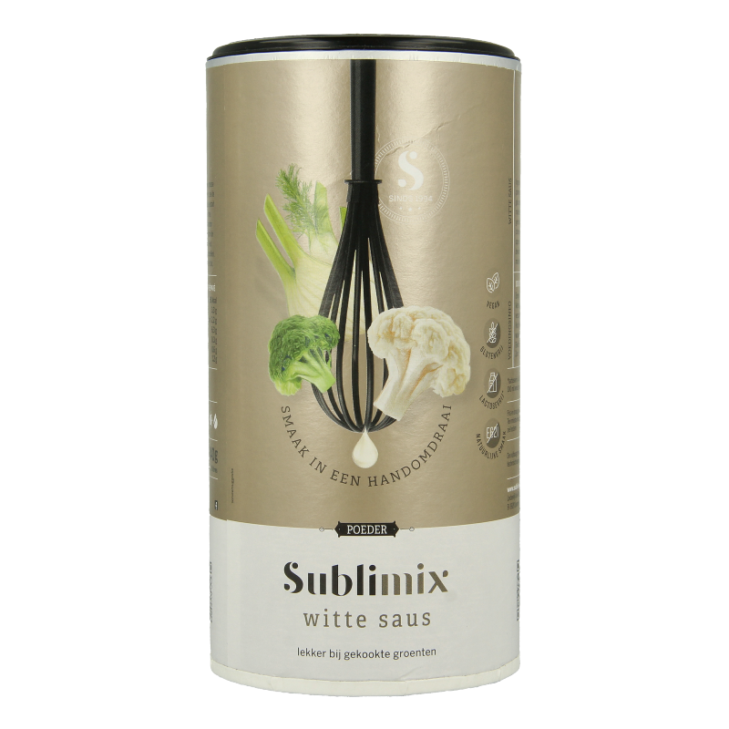 Sublimix Witte Saus glutenvrij, 240g, creamy white sauce in a jar, ideal for cooking and flavoring dishes.