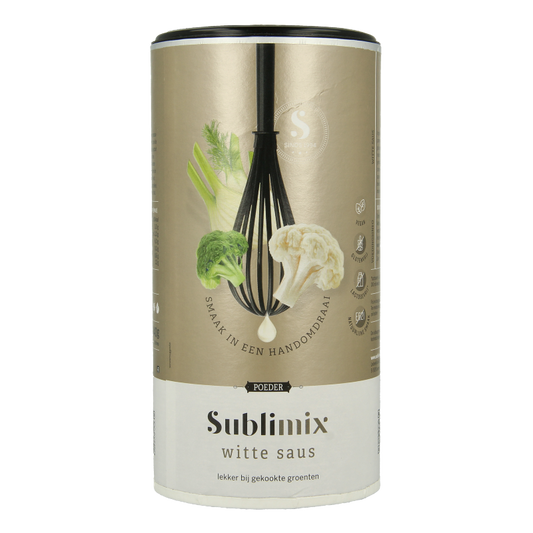 Sublimix Witte Saus glutenvrij, 240g, creamy white sauce in a jar, ideal for cooking and flavoring dishes.