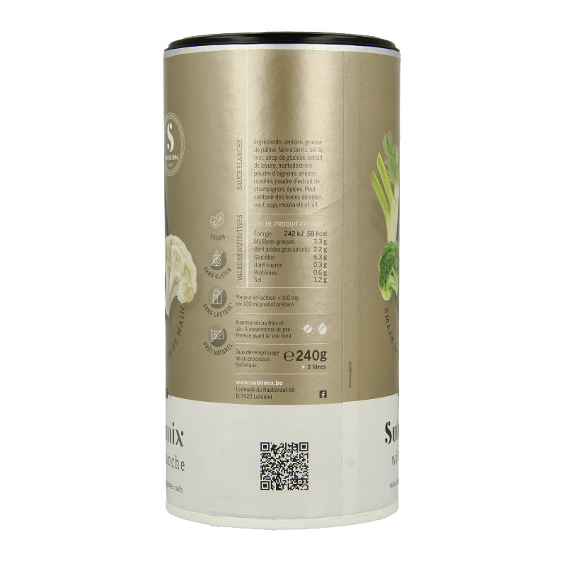Sublimix Witte Saus glutenvrij in 240 gram container, creamy white sauce for flavorful dishes.