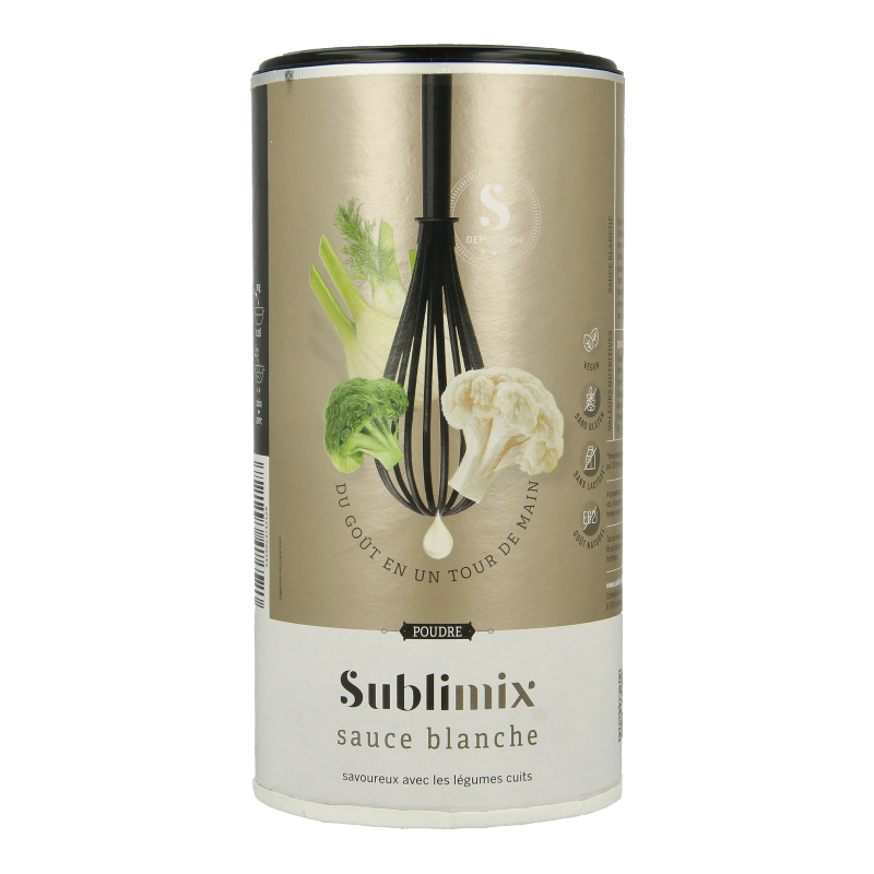 Sublimix Witte Saus glutenvrij 240g bottle, creamy white sauce in a squeeze bottle, perfect for cooking and flavoring dishes