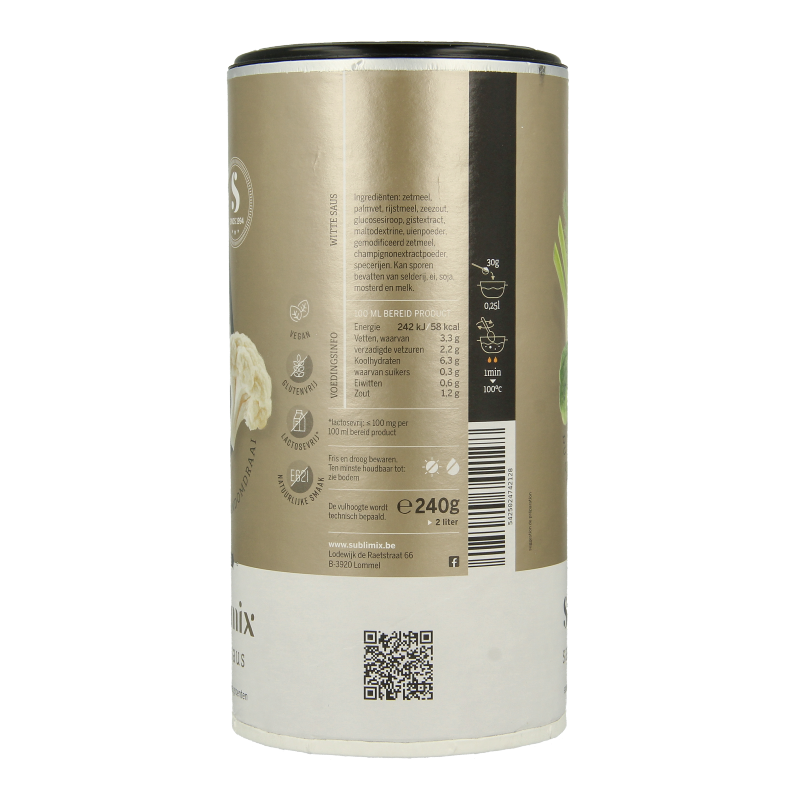 Sublimix Witte Saus glutenvrij in 240g jar, creamy white sauce for cooking and flavoring dishes.