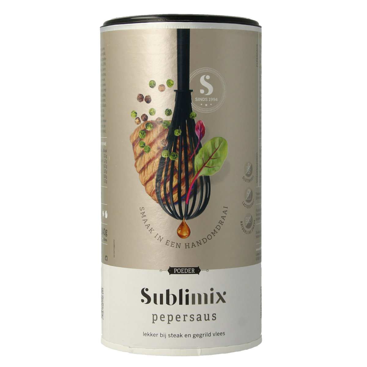 Glutenvrije Sublimix Pepersaus in 240g bottle, flavorful sauce for cooking and seasoning, shown in the image.