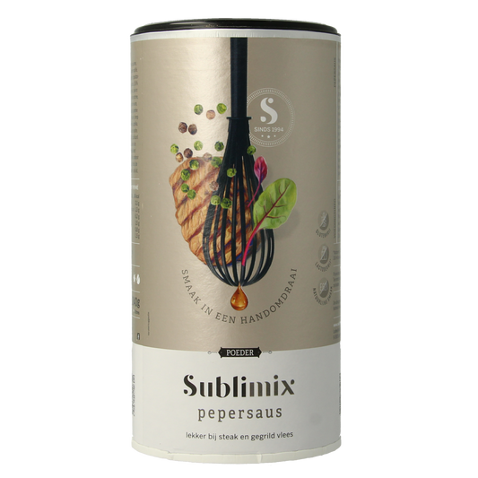 Glutenvrije Sublimix Pepersaus in 240g bottle, flavorful sauce for cooking and seasoning, shown in the image.