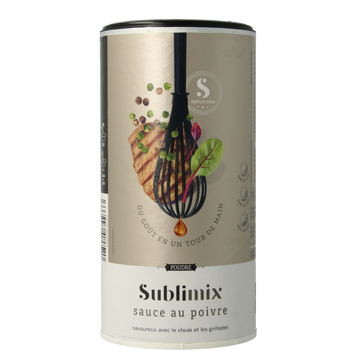 Sublimix Pepersaus glutenvrij in 240g jar, spicy sauce for flavoring dishes, shown in the image.