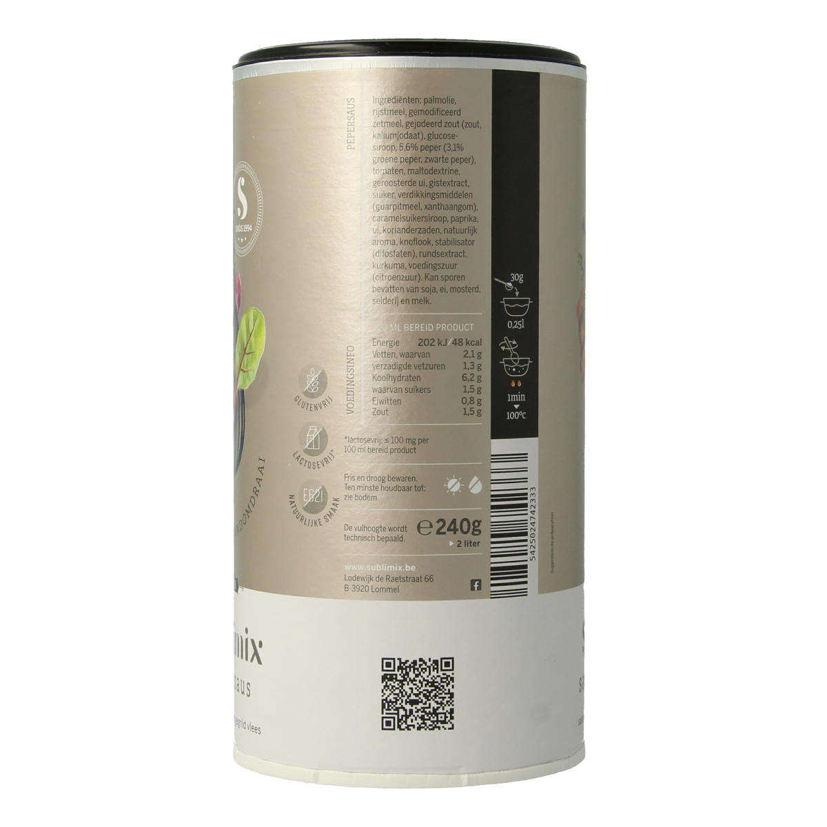Sublimix Pepersaus glutenvrij in 240g bottle, a flavorful gluten-free sauce for enhancing dishes.