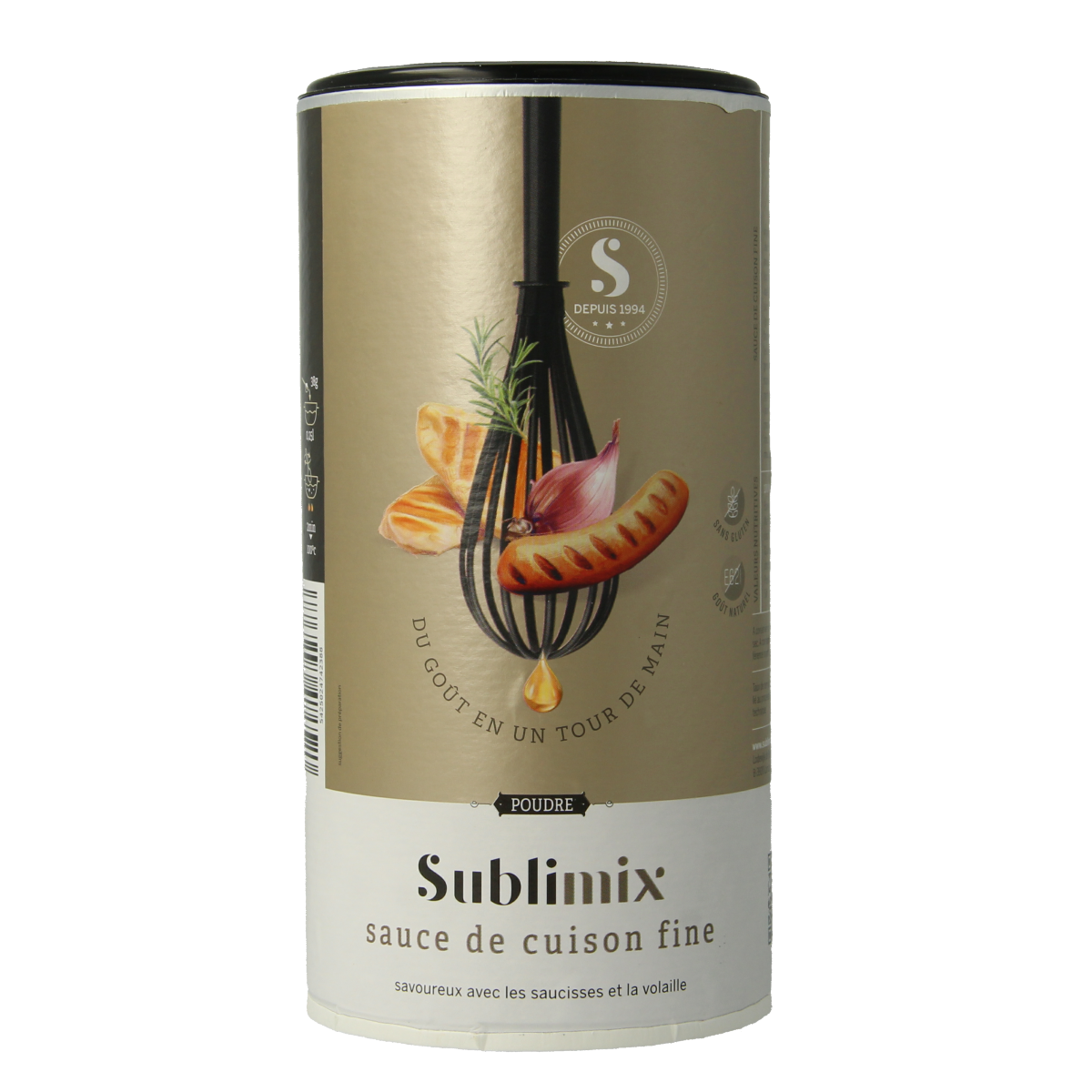 Sublimix Lichte braadsaus glutenvrij in 255g jar, creamy sauce for meat dishes, gluten-free flavor enhancer.