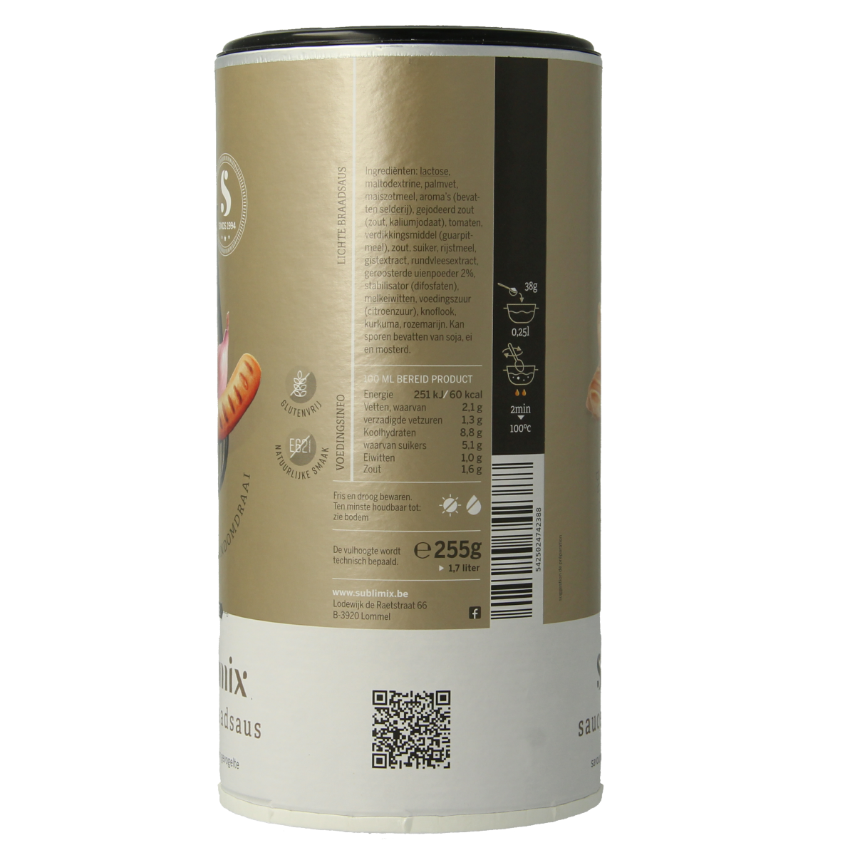 Sublimix Lichte braadsaus glutenvrij in 255g jar, creamy sauce with a rich flavor, ideal for enhancing dishes.