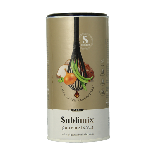 Sublimix Gourmetsaus glutenvrij sauce in a 280g jar, showcasing the label and product packaging for sauces and flavor enhancers.