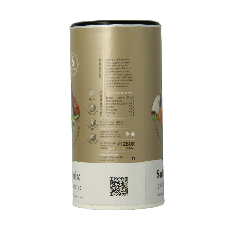 Sublimix Gourmetsaus glutenvrij sauce bottle with label, 280g, in a clear container, suitable for gluten-free cooking and flavoring.
