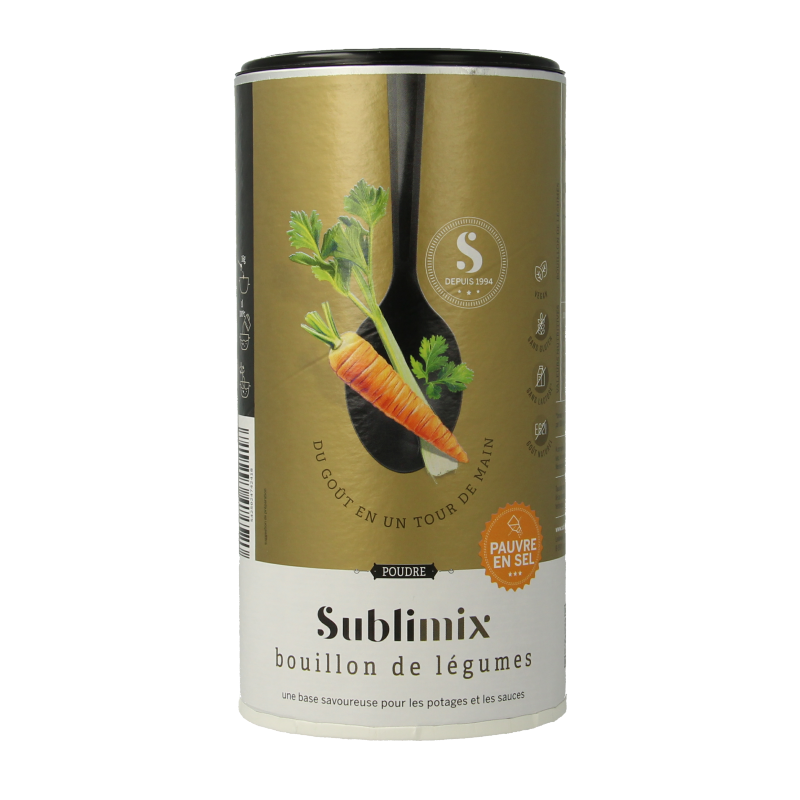 Sublimix zoutarme glutenvrije groentebouillon in 260g container, ideal for soups and broth recipes.