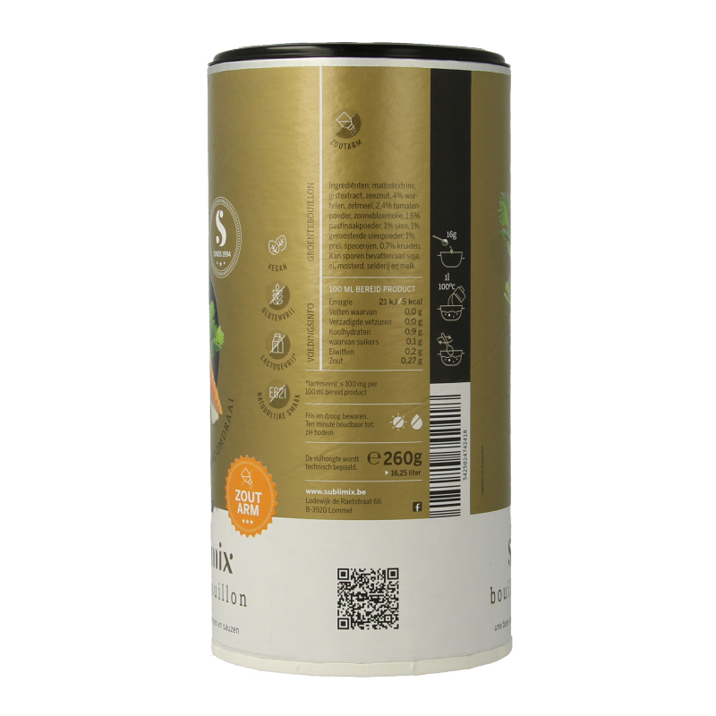 Sublimix zoutarme glutenvrije groentebouillon in 260g packet, ideal for flavorful soups and cooking