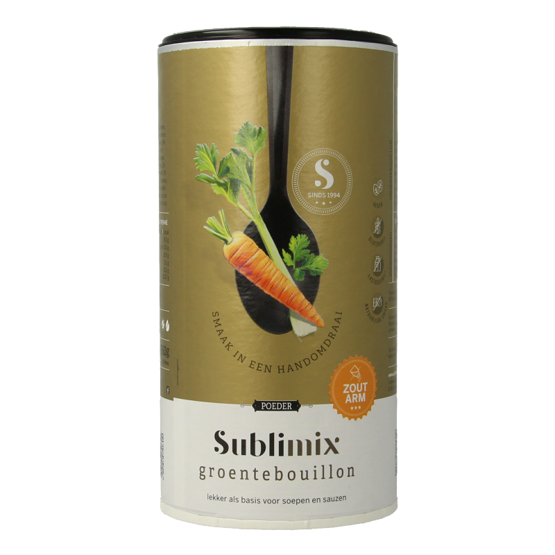 Sublimix zoutarme glutenvrije groentebouillon in 260g container, ideal for flavorful soups and broths