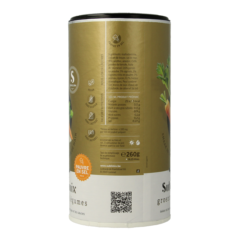 Sublimix zoutarme glutenvrije groentebouillon in 260g package, used for making flavorful soups and broths.