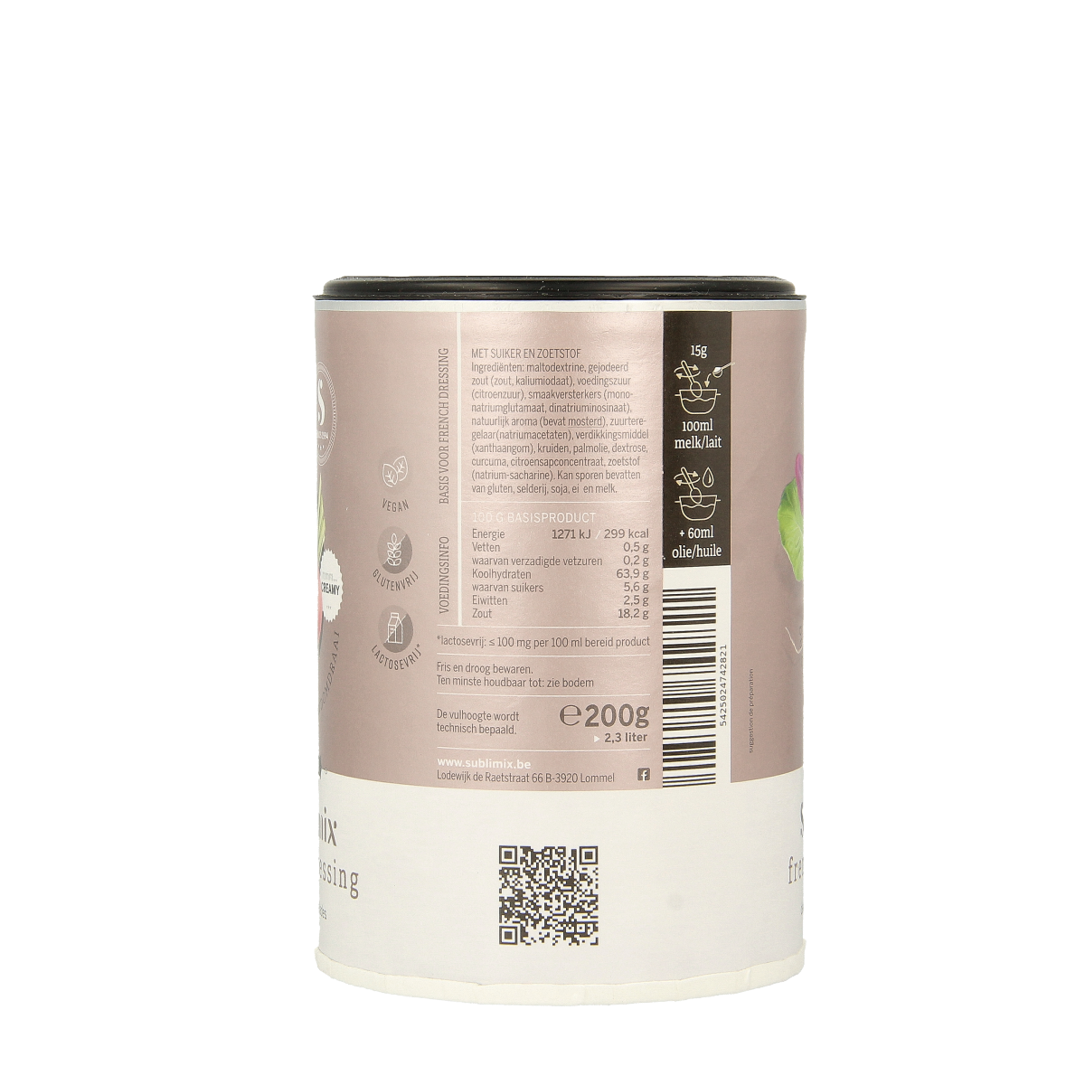Sublimix French salad dressing bottle with 200g of Sauzen en Smaakmakers, featuring a colorful label and white cap.