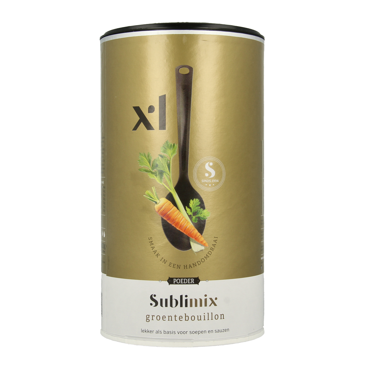 Sublimix gluten-free vegetable bouillon in an 800g package, shown in a clear container with fresh vegetables and seasoning.