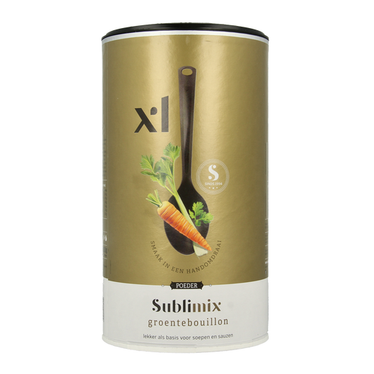 Sublimix gluten-free vegetable bouillon in an 800g package, shown in a clear container with fresh vegetables and seasoning.