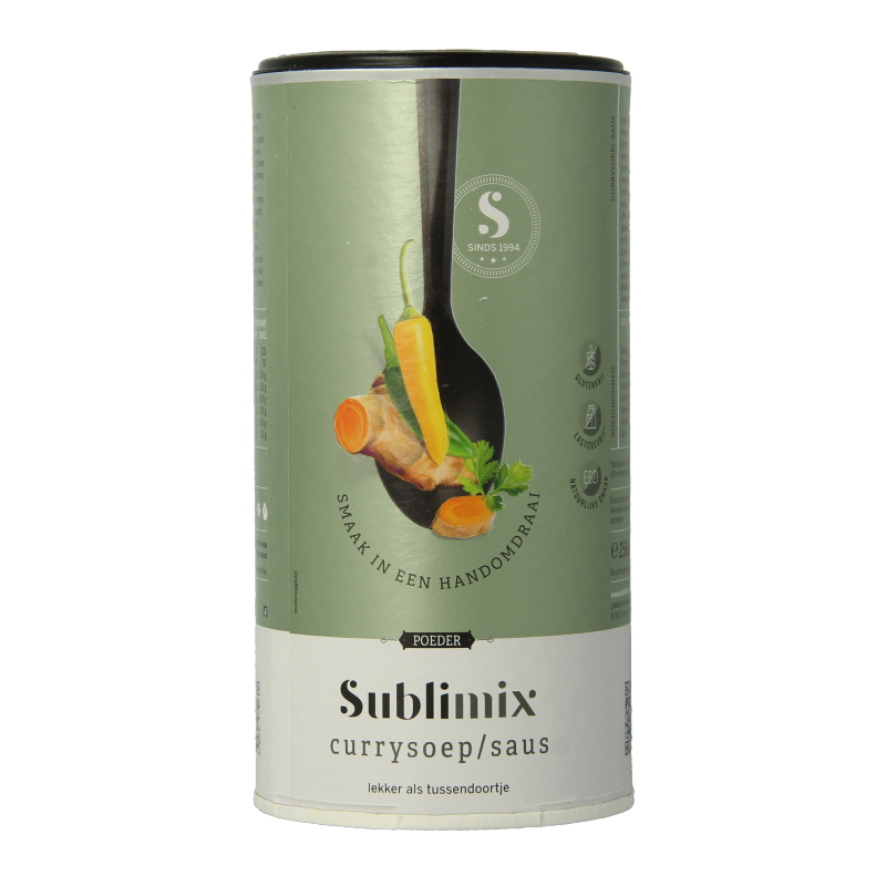Sublimix Currysoep glutenvrij 256g, gluten-free curry soup mix from Sublimix, in a packaged box with soup ingredients.