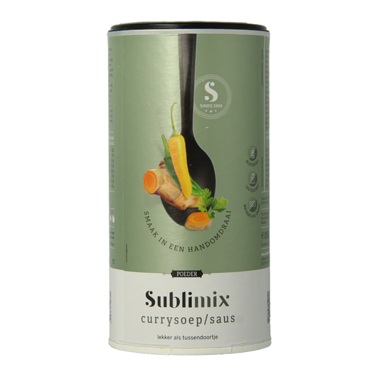 Sublimix Currysoep glutenvrij 256g, gluten-free curry soup mix from Sublimix, in a packaged box with soup ingredients.