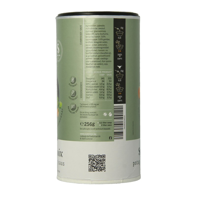Glutenvrij Sublimix Currysoep in 256g package, showing the soup mix with vibrant curry flavor ingredients.