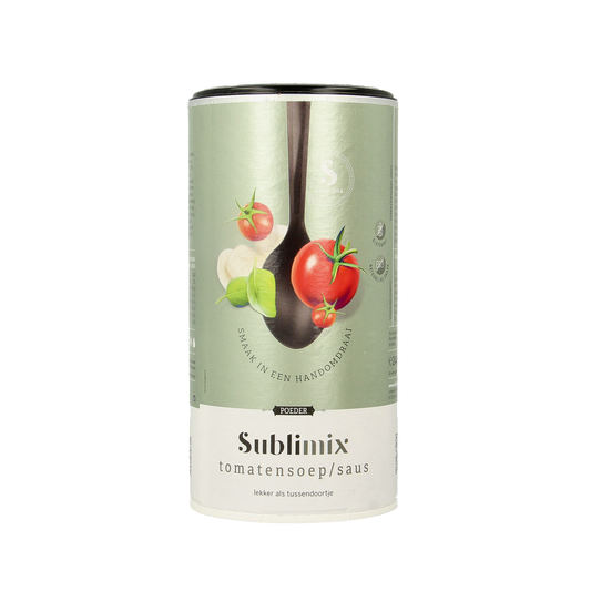 Gluten-free Sublimix Tomatensoep in a 240g packet, showing the soup powder and branding on the packaging.