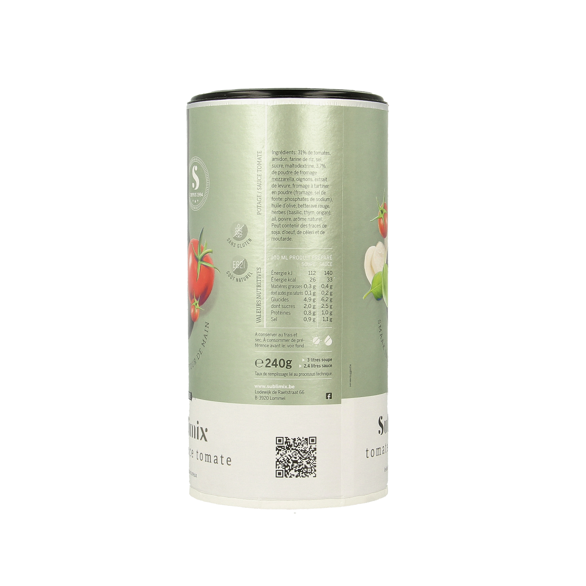 Sublimix gluten-free tomato soup in 240g package, featuring a bowl of vibrant red tomato soup with herbs and seasoning.