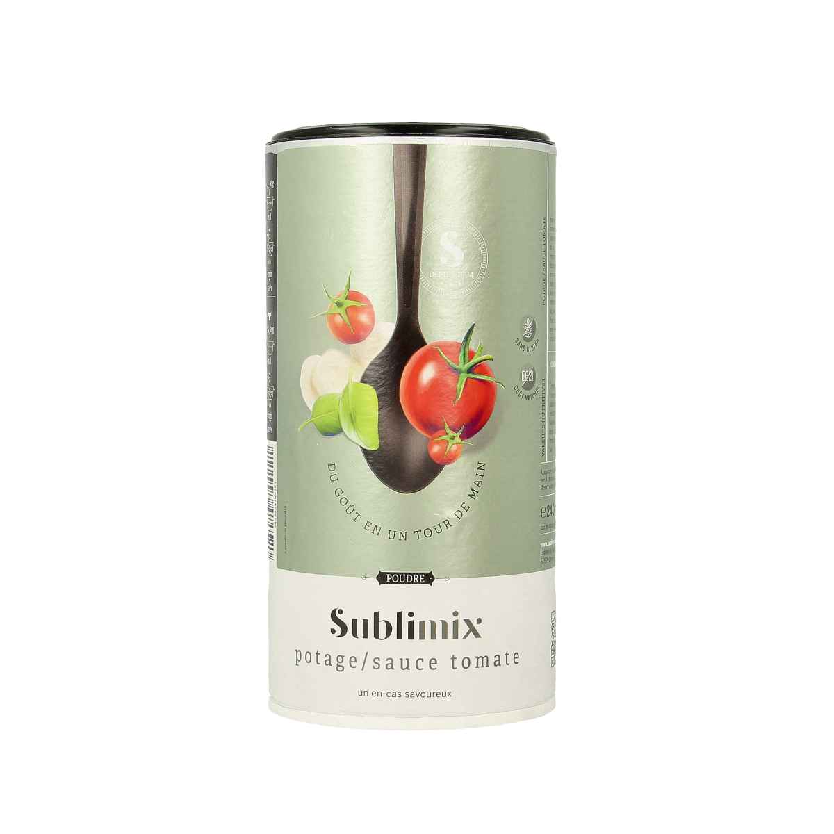 Gluten-free Sublimix Tomatensoep in a 240g package, showing fresh tomato soup with herbs and vegetables in a bowl.