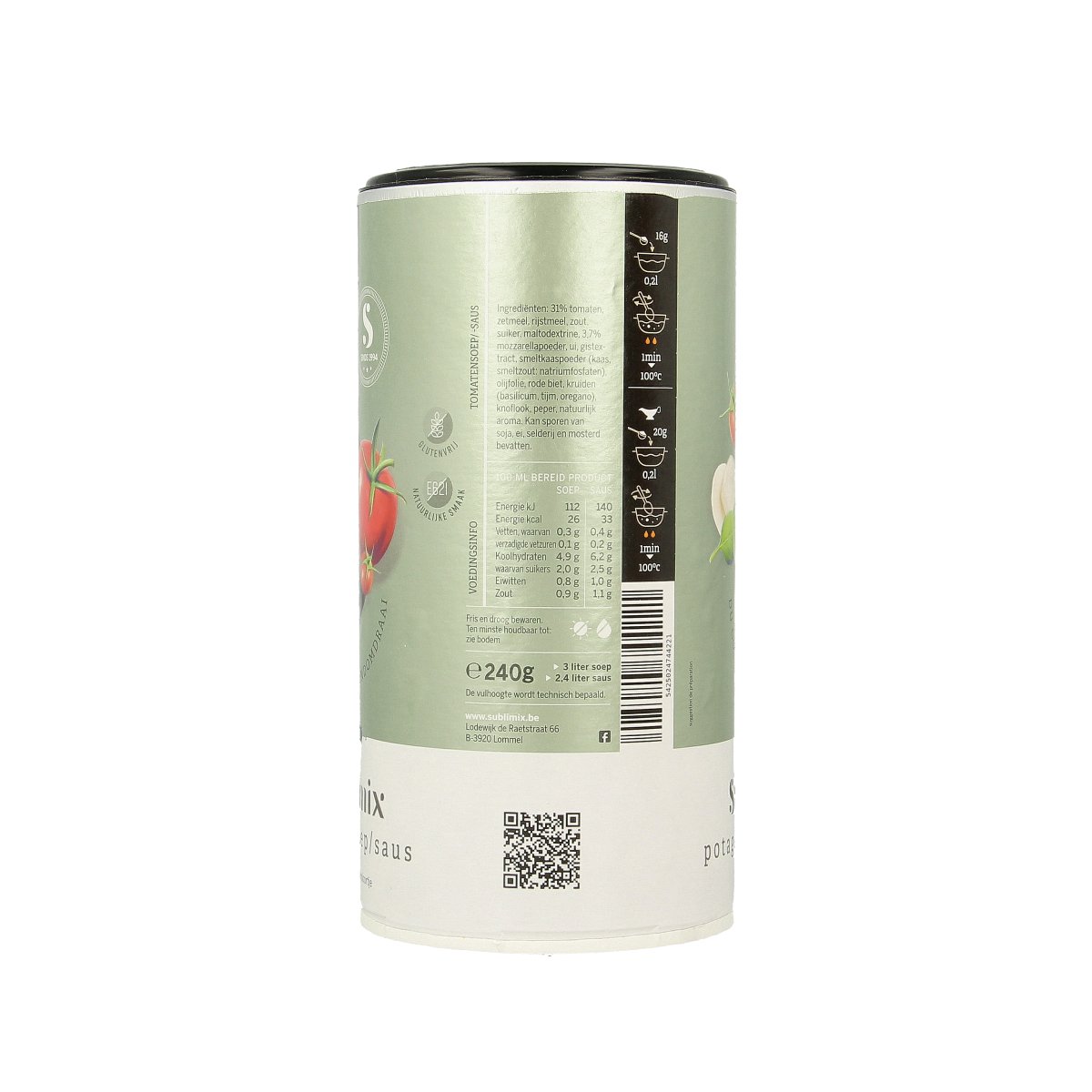 Sublimix glutenvrije tomatensoep in 240g verpakking, showing the soup packet with fresh tomatoes on the label.