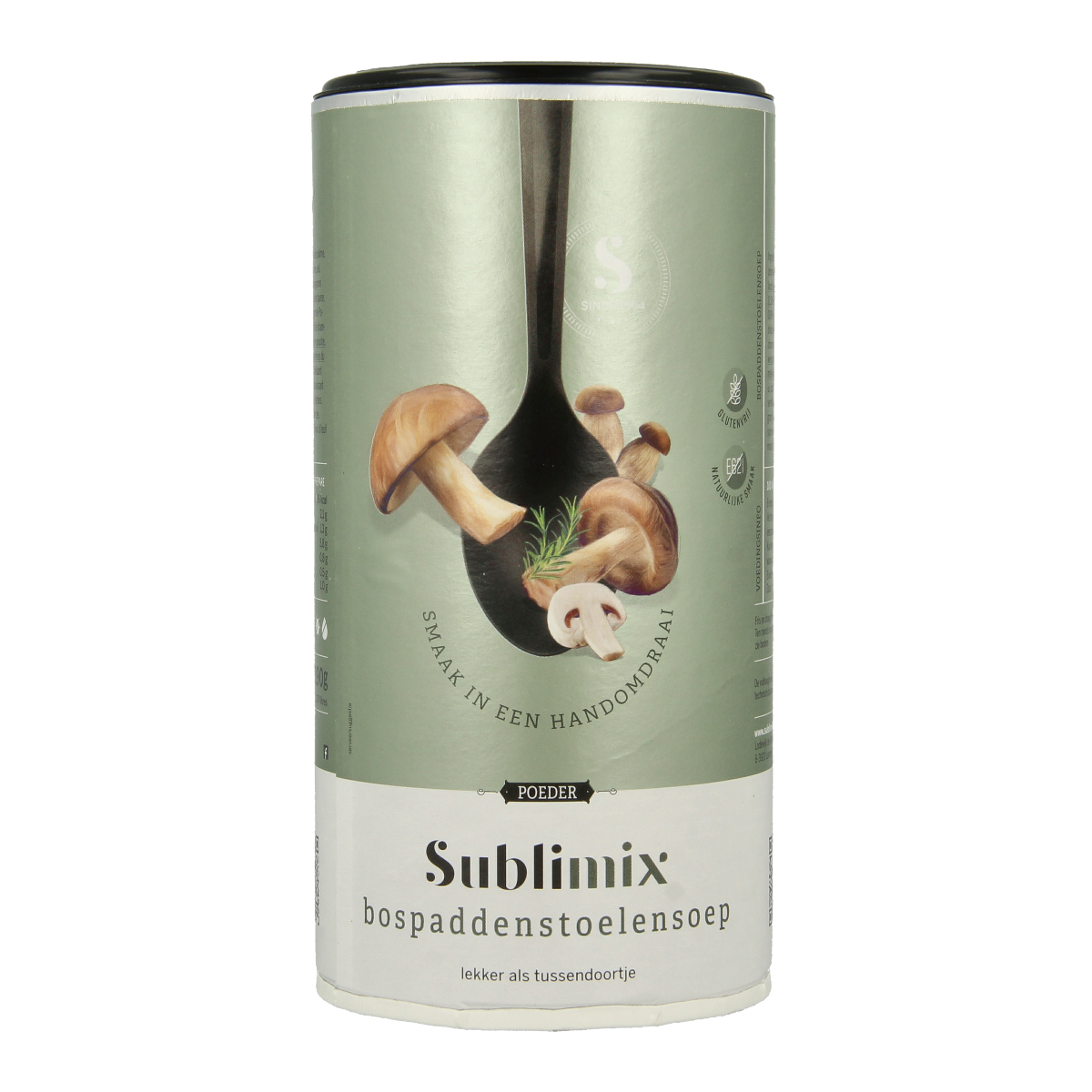 Sublimix Bospaddenstoelensoep glutenvrij 190g can with mushroom soup, gluten-free, in a sealed metal can.