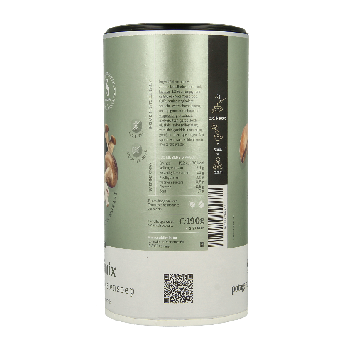 Sublimix Bospaddenstoelensoep gluten-free in 190g package, featuring a bowl of mushroom soup with fresh ingredients and herbs