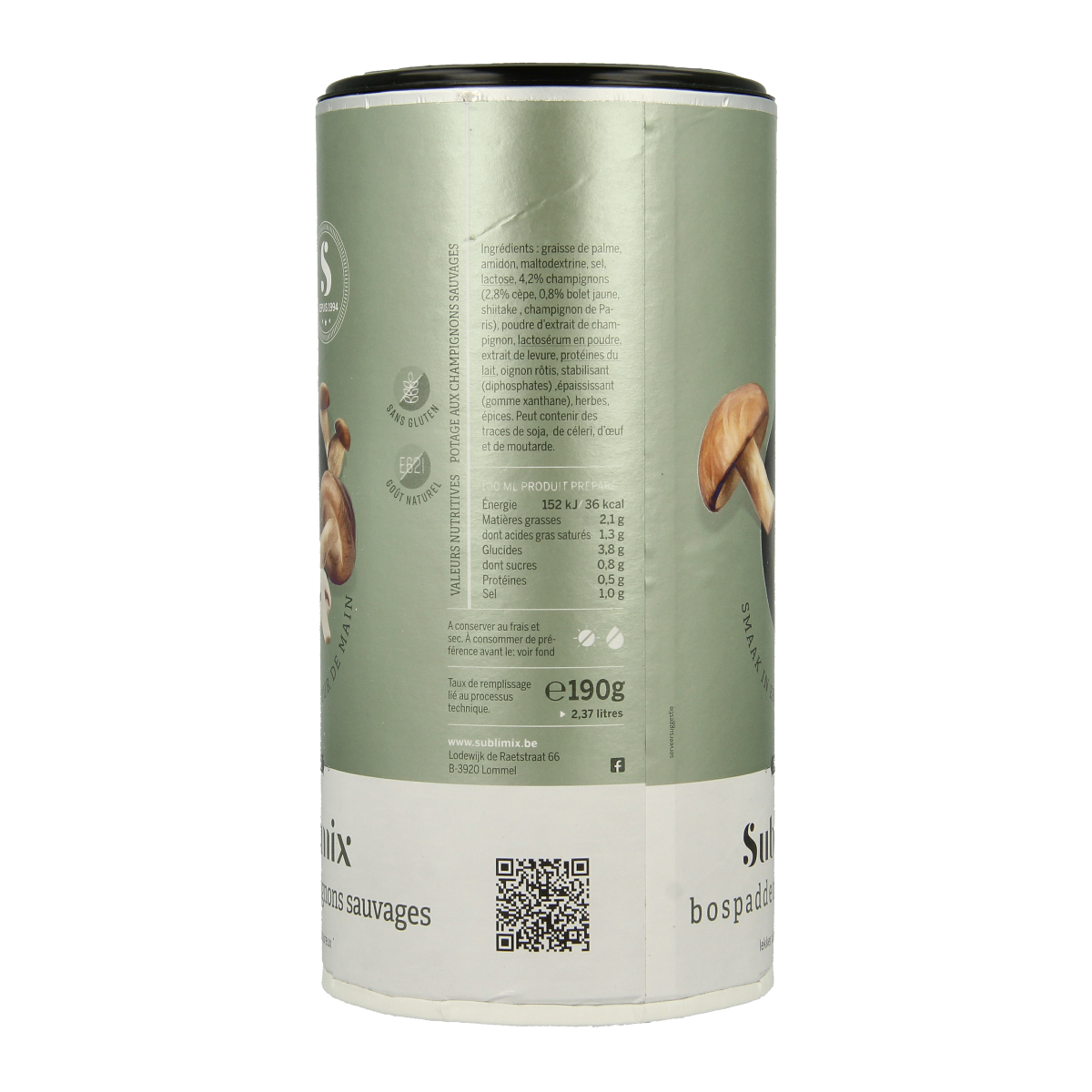 Sublimix Bospaddenstoelensoep glutenvrij 190g, creamy mushroom soup in a bowl with fresh mushrooms and herbs.